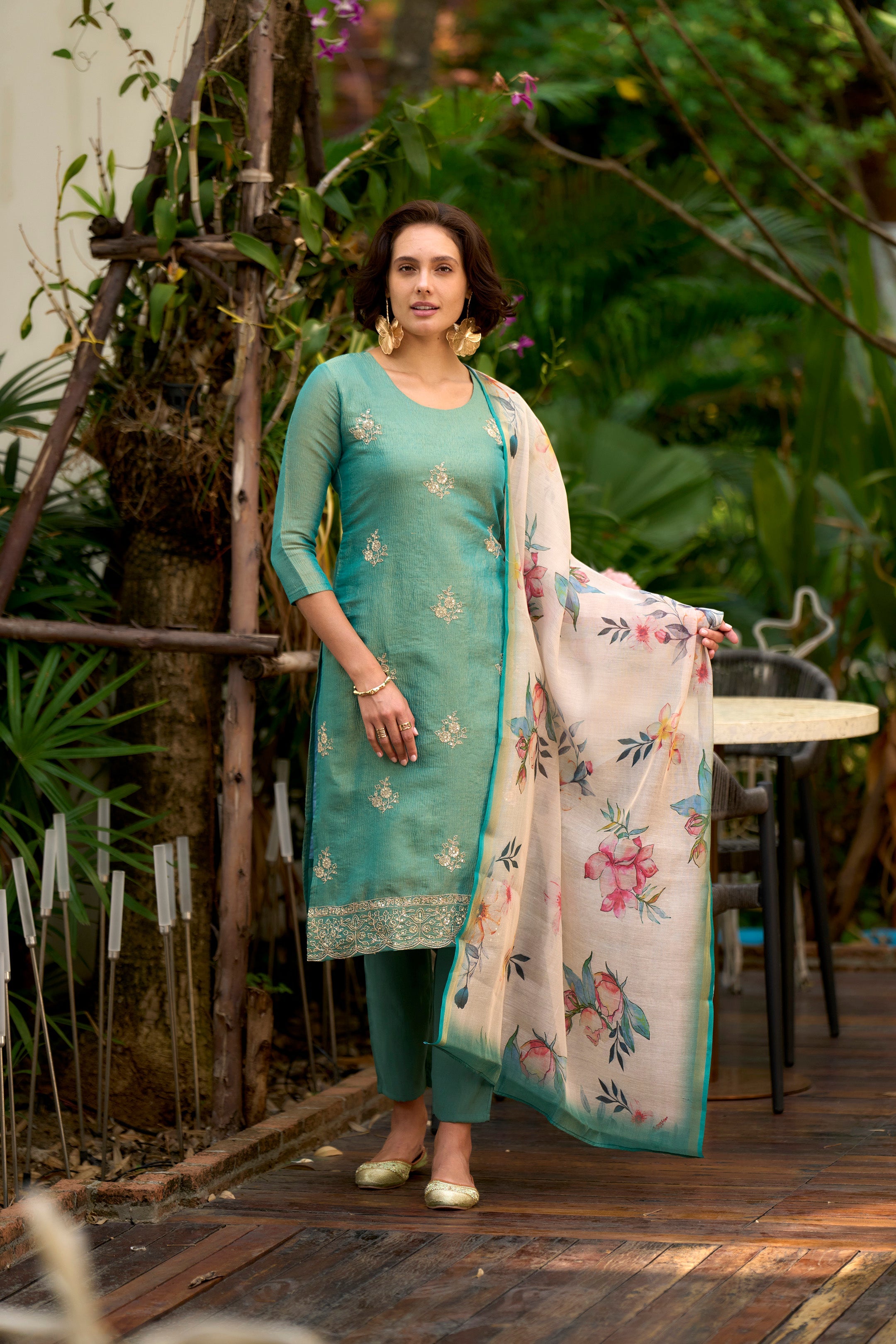Teal Tissue Kurti Set with Zari Embroidery & Floral Digital Print Dupatta